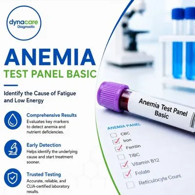 Anemia Test Panel Basic blood test at Dynacare Diagnostic for detecting iron deficiency, vitamin B12 deficiency, folate deficiency, and other causes of anemia.