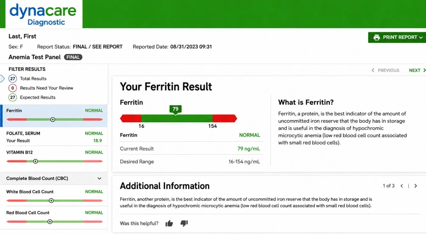 Sample Anemia Test Panel Basic laboratory report showing ferritin, vitamin B12, folate, CBC, and iron test results.