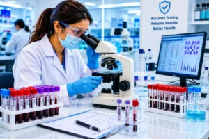 Laboratory technician analyzing blood samples for diagnostic testing