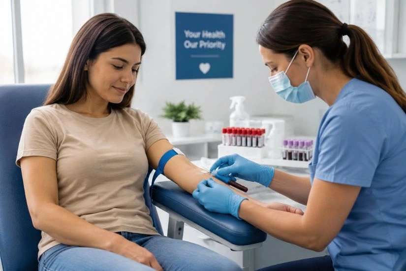 Patient receiving routine blood test at diagnostic laboratory